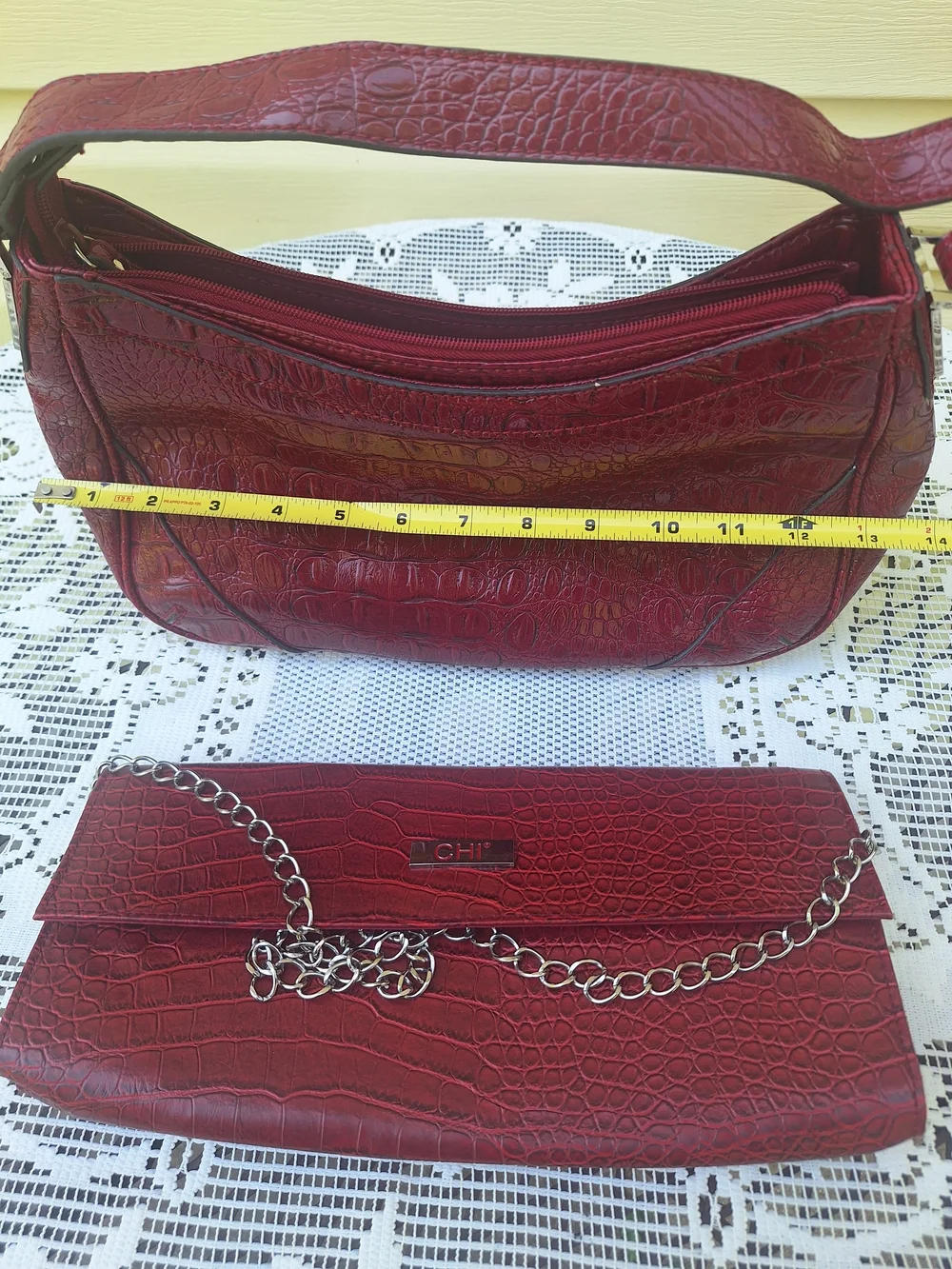 Red Croc-Embossed Shoulder Bag & Clutch Set